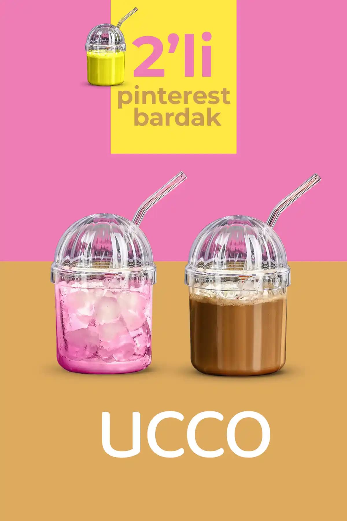 AC AMİSOS 2'li Kristal Plastik Pinterest Bardak Seti Kapaklı ve Pipetli 400 ml