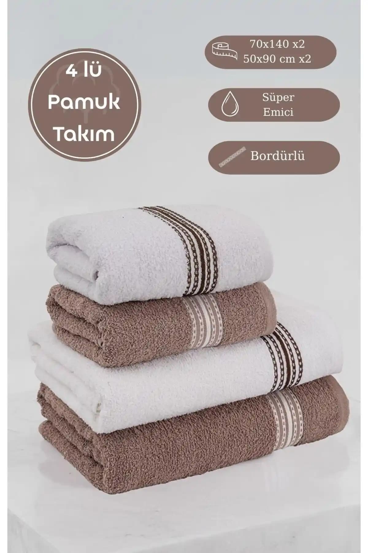 Acacia 4'lü Pamuk Banyo ve El Havlusu Seti 70x140 & 50x90 Kahverengi - Beyaz