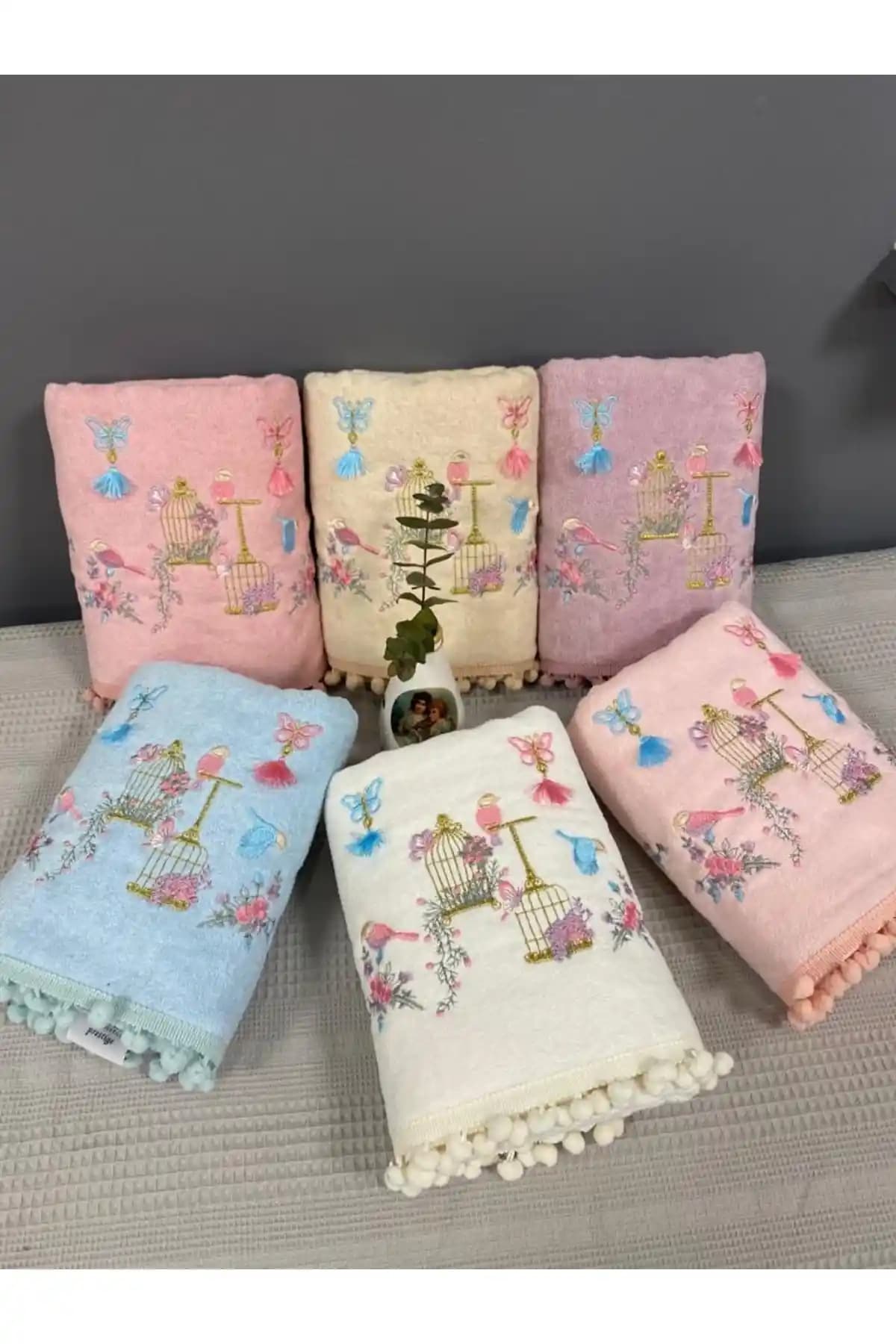 AYHANHOME Kadife Pamuklu Nakışlı Kuş Kafes Desenli 6'lı Yüz Havlu Seti 50x90 cm