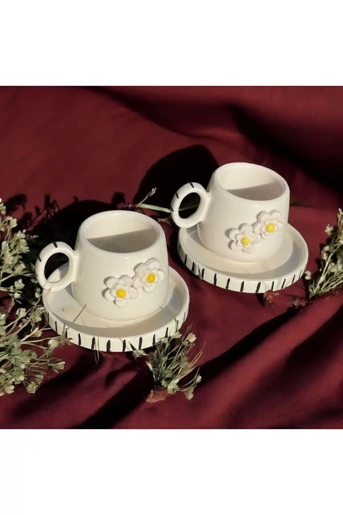 DDHANDMADE El Yapımı Papatya Desenli Seramik Türk Kahvesi Fincanı Takımı