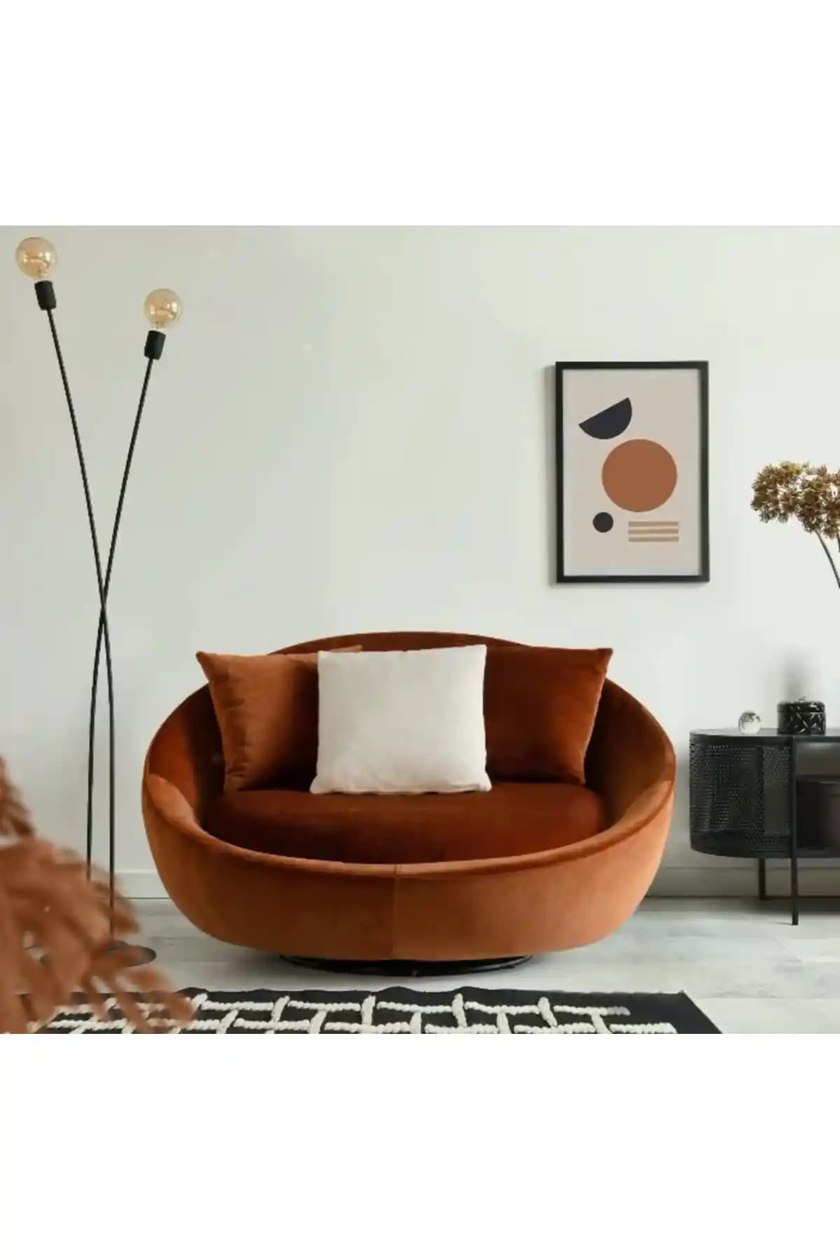 ERİZA Osso 360 Derece Döner Berjer Tarçın Renkli Kadife Kumaşlı Konforlu Tasarım