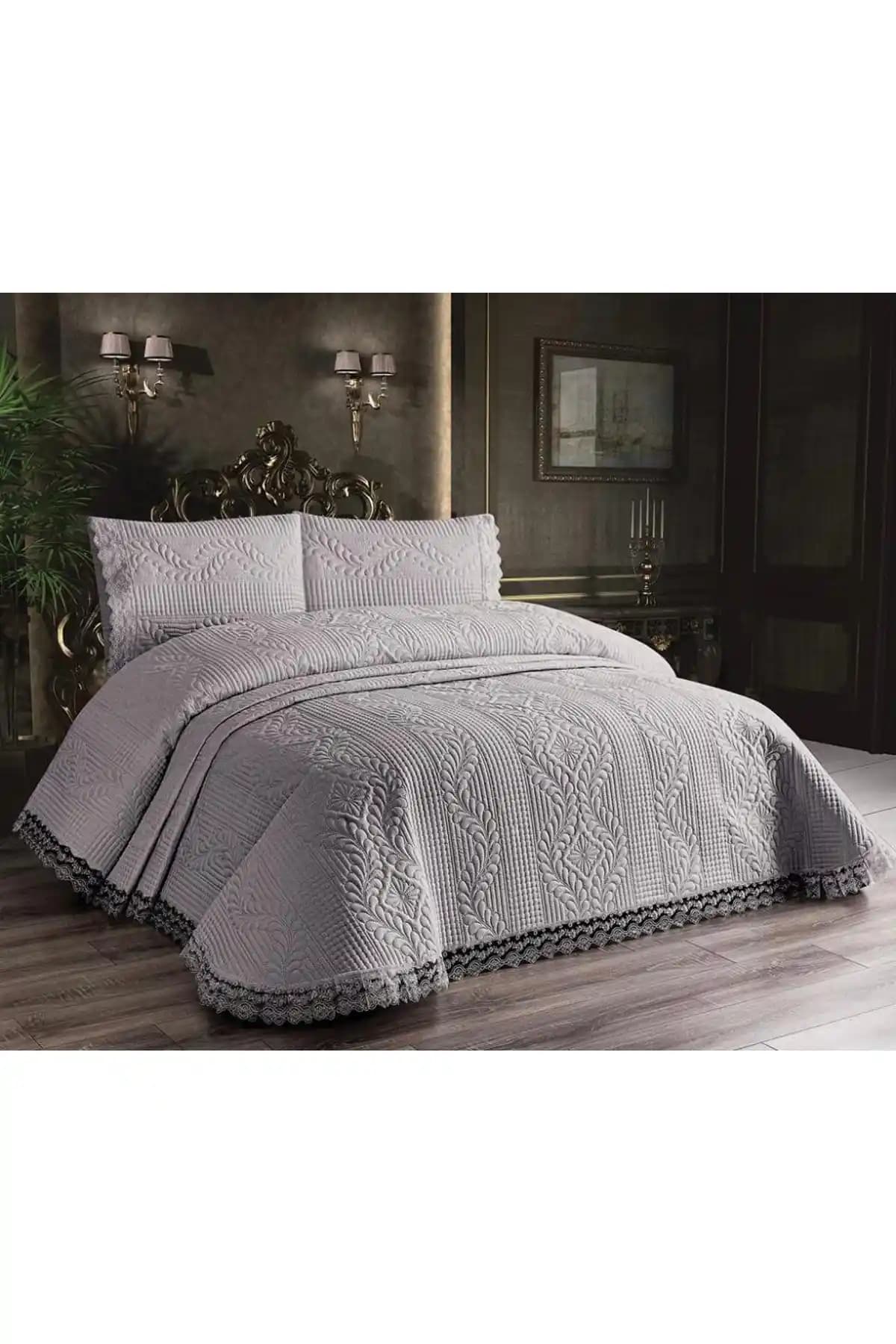 Evcimenhome Güpürlü Mikrofiber Yatak Örtüsü Seti Gri - Konfor ve Şıklık