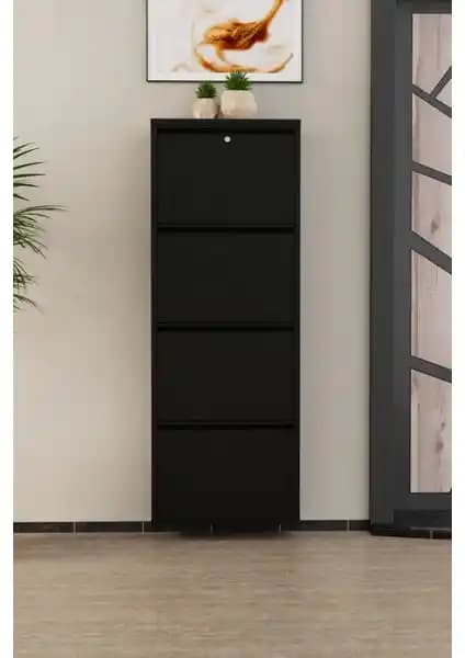 EVDEMO Kilitli 4 Kapaklı Metal Ayakkabılık Siyah - Dayanıklı ve Modern Tasarım