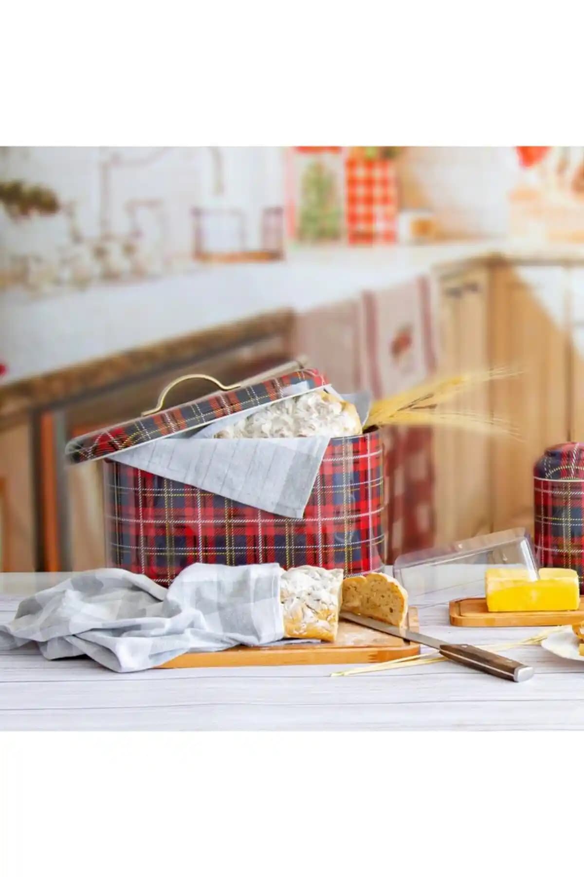 Evle Ef002-ı3 Plaid (Ekose) Desenli Metal Ekmeklik 10,4 Lt - Şık ve Dayanıklı Saklama Çözümü