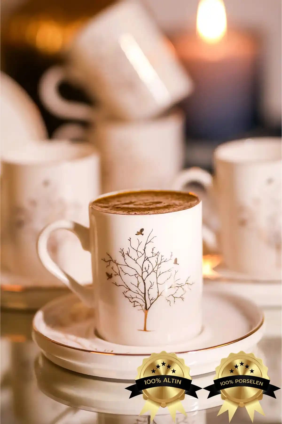 Farika Porselen Hayat Ağacı 12 Parça 6 Kişilik Altın Yaldızlı Kahve Fincan Takımı