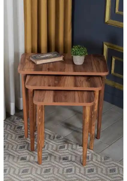 Gold Falez Zigon Sehpa Ahşap Torna Ayak Ceviz Renkli 3 Boy Fonksiyonel Tasarım