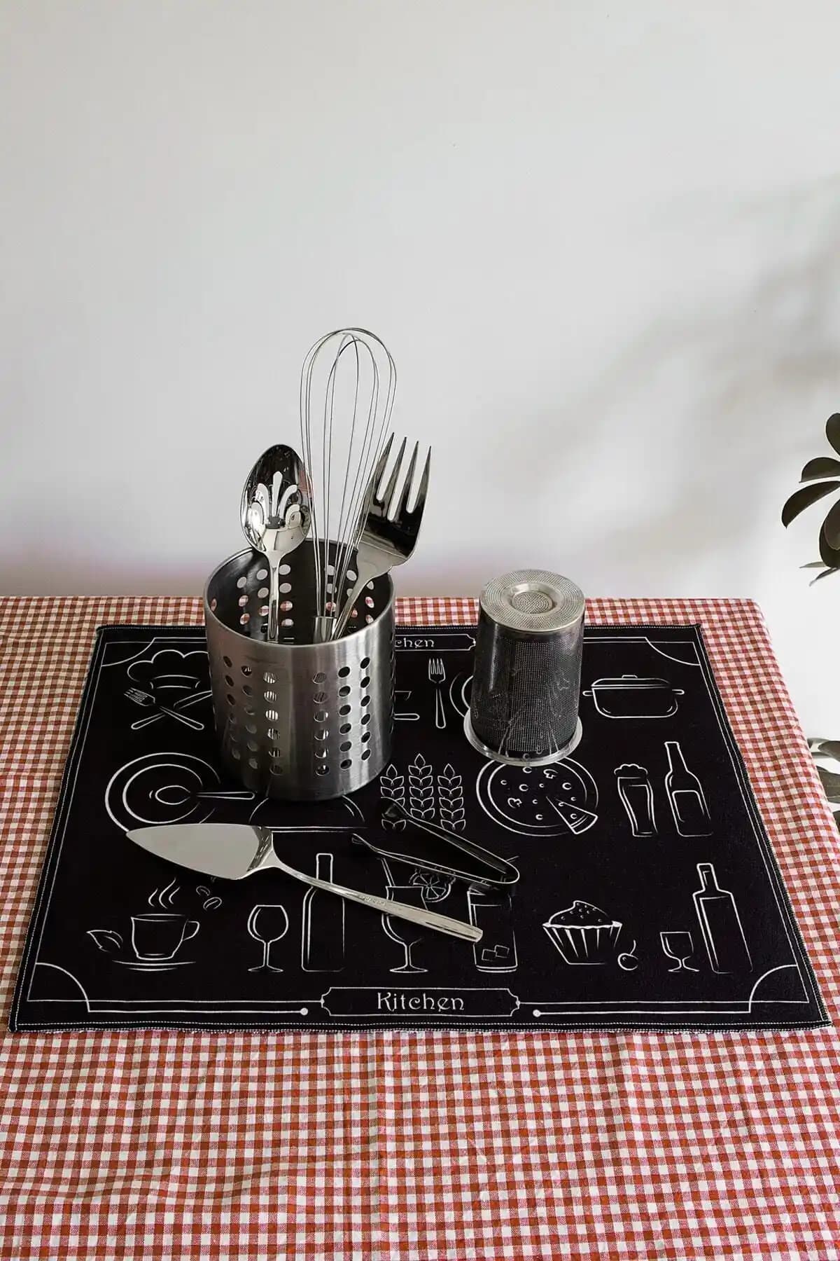 HAMUR Baskılı Bulaşık Kurutma Matı 46x36 cm Siyah - Dayanıklı ve Emici Kurulama Bezi