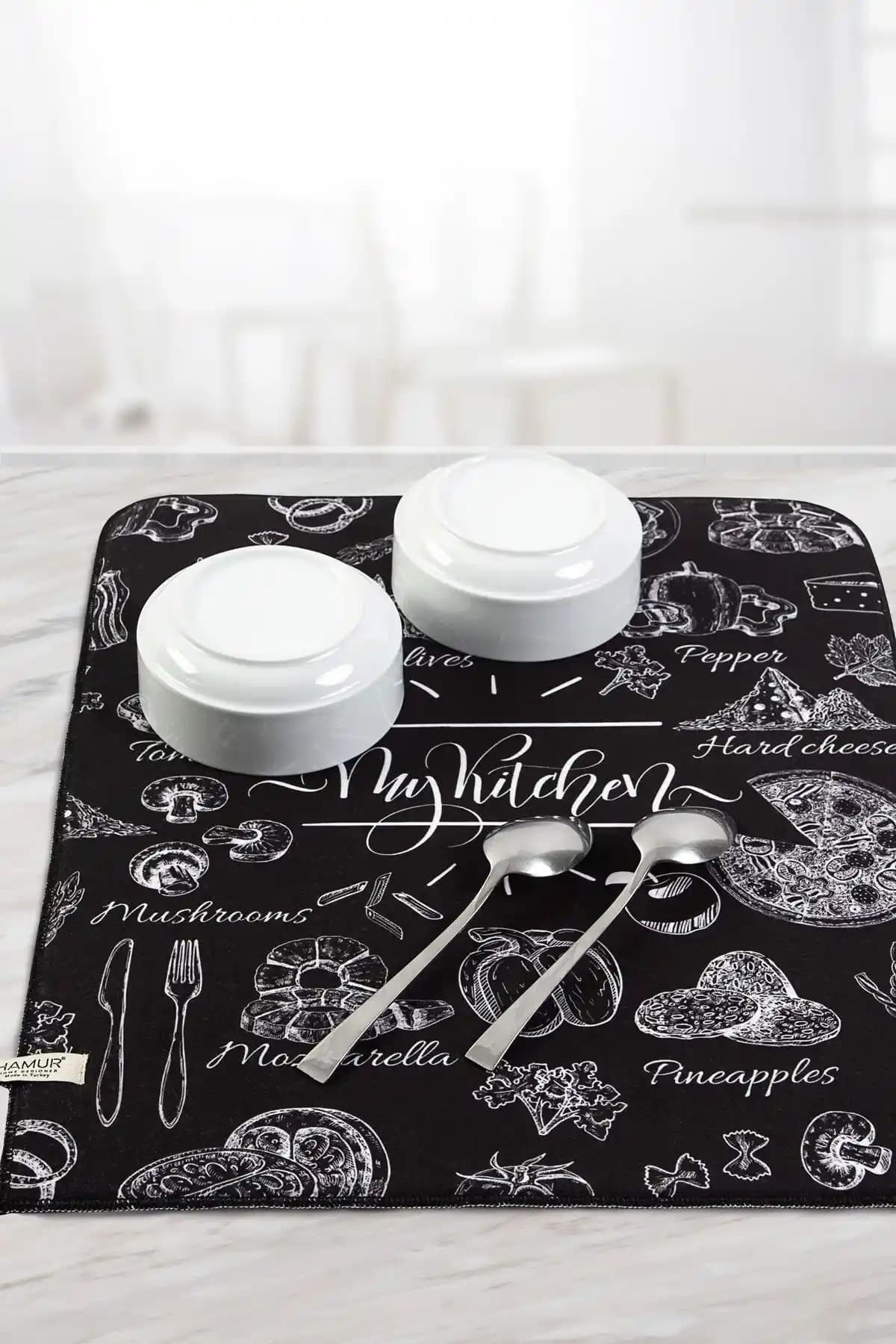 HAMUR Bulaşık Kurutma Matı 42x50 cm Pamuklu Puantiyeli Desenli Mutfak Pedi