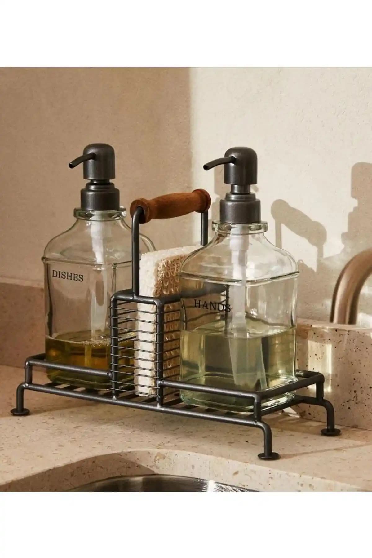 Hayveyshome 2'li Siyah Stantlı Paslanmaz Çelik Lif Bölmeli Sıvı Sabunluk ve Deterjanlık Seti