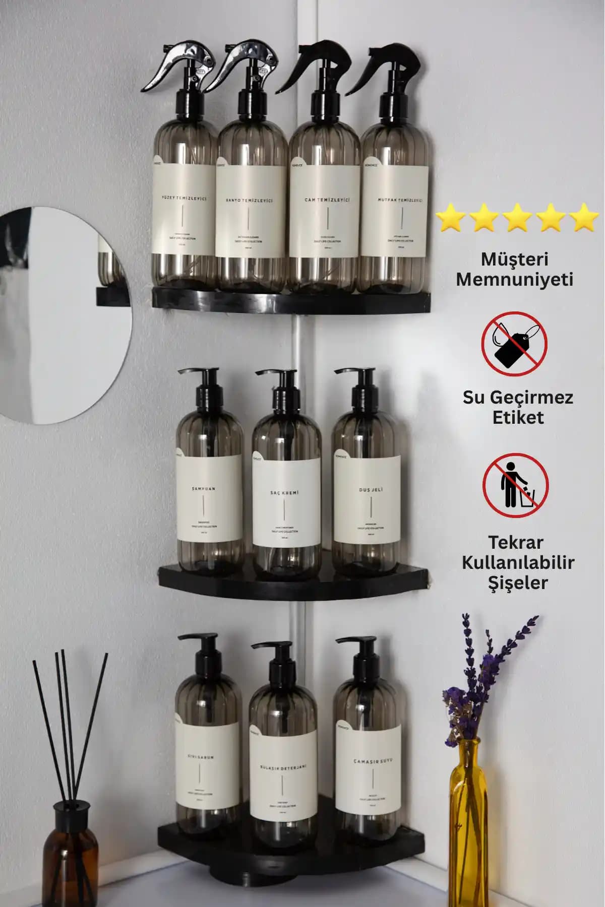 Homence 10'lu Füme Renkli 500 ml Plastik Şişe Temizlik Seti - Banyo ve Mutfak İçin