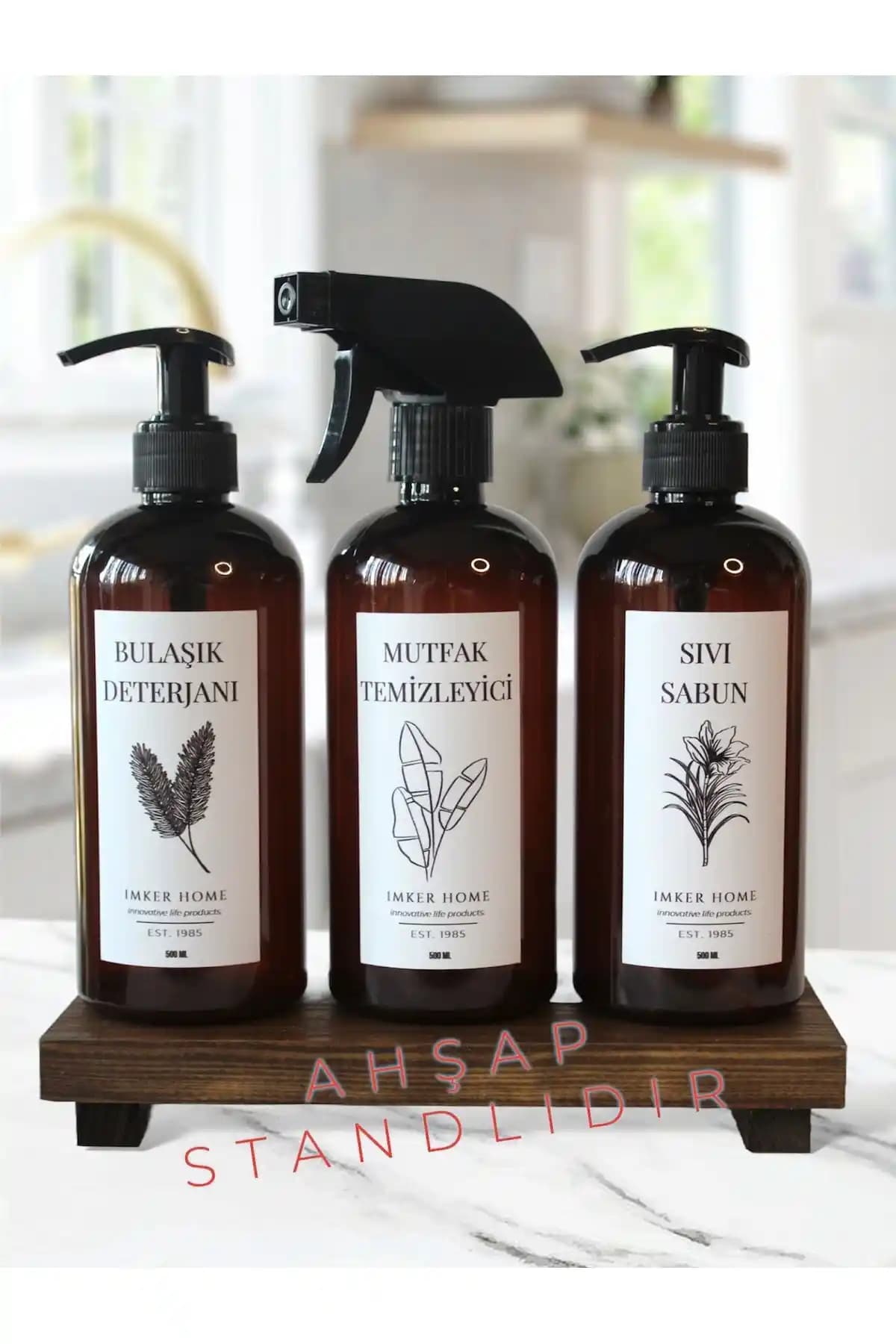 IMKER HOME Ahşap Standlı Amber Renk Pompalı Bulaşık Deterjanı Şişesi ile Mutfak Temizliği
