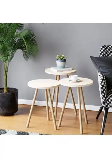 İntergo 3'lü Zigon Sehpa: Ahşap Ayaklı, Yuvarlak Tasarım ve Fonksiyonel Kullanım