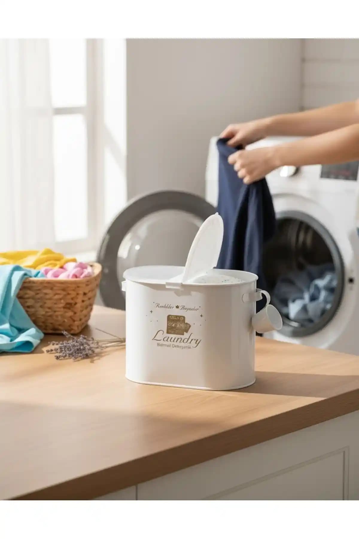 Laundry Metal İki Bölmeli Kapaklı ve Ölçekli 12 Litre Deterjan Kutusu