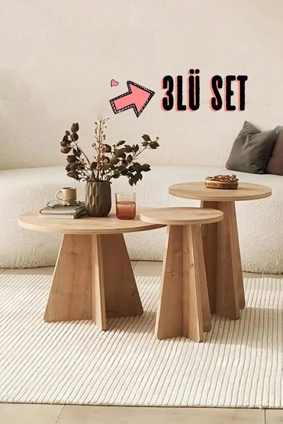 Lefty Geniş İskandinav Mantar Sehpa 3'lü Zigon Takımı Modern ve Fonksiyonel Tasarım