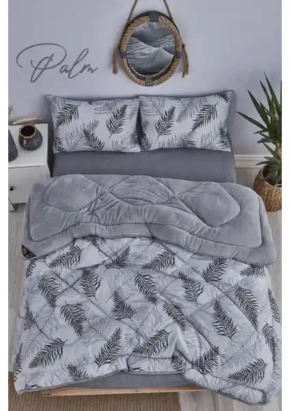 Marla Home Palm Gri Desenli Çift Kişilik Welsoft Yorgan Seti Şık ve Konforlu Tasarım