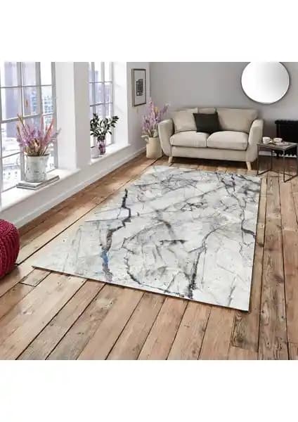 Mekta Home Beyaz Mermer Desenli İpek Kadife Halı Örtüsü 160x230 cm