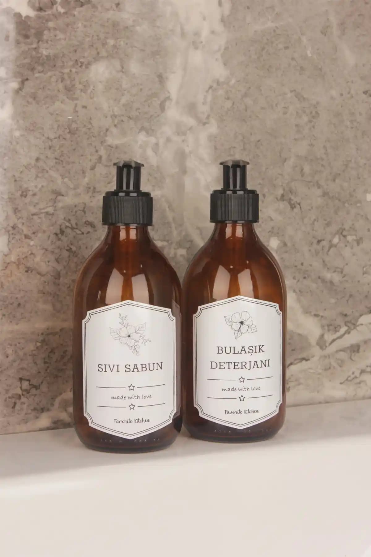 Milenay Junior Amber 2'li Cam Sıvı Sabunluk ve Bulaşık Deterjanlığı Seti 300 ml