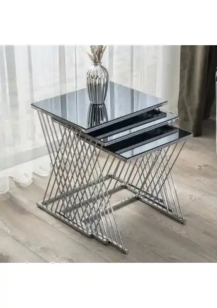 Mobi Evim Vienna Gümüş Metal Ayaklı Füme Aynalı 3'lü Zigon Sehpa Seti Tasarımı