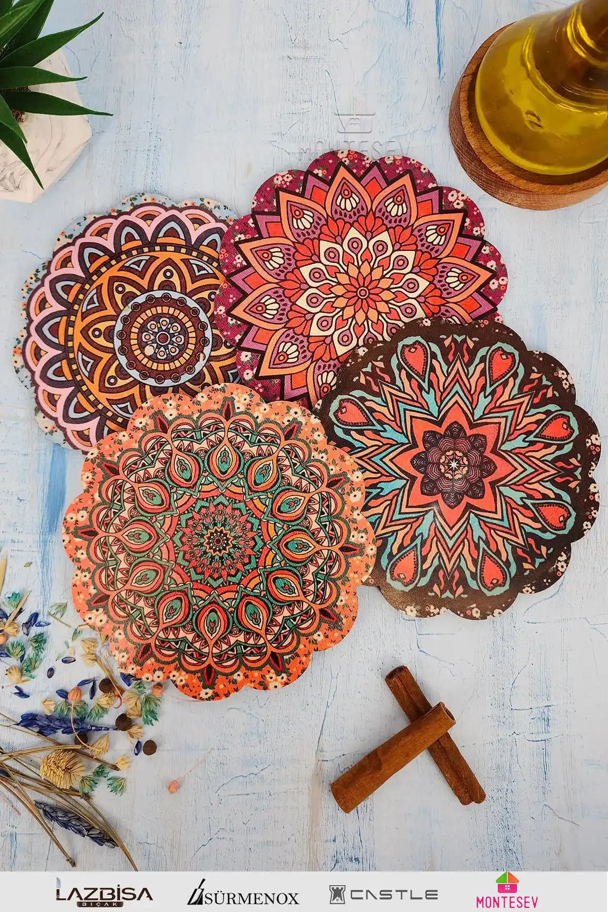 MONTESEV Renkli Desenli Ahşap Nihale Seti 4'lü - Estetik ve Fonksiyonel Mutfak Aksesuarı