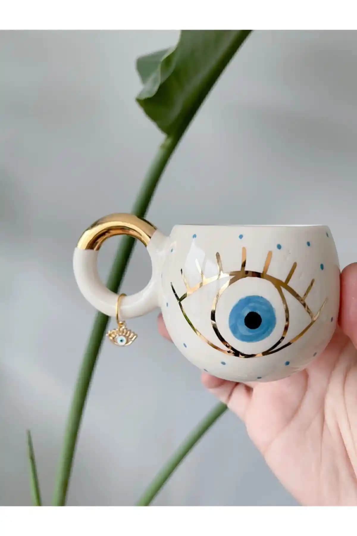 Mugtasarım 24 Ayar Altın Yaldızlı Göz Nazarlı Double Türk Kahvesi Fincanı Seti