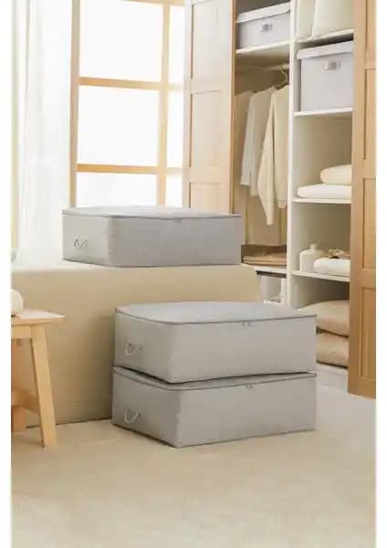 Ocean Home Textile 3'lü Büyük Boy Gri Balıksırtı Desenli Baza Altı Hurç Seti