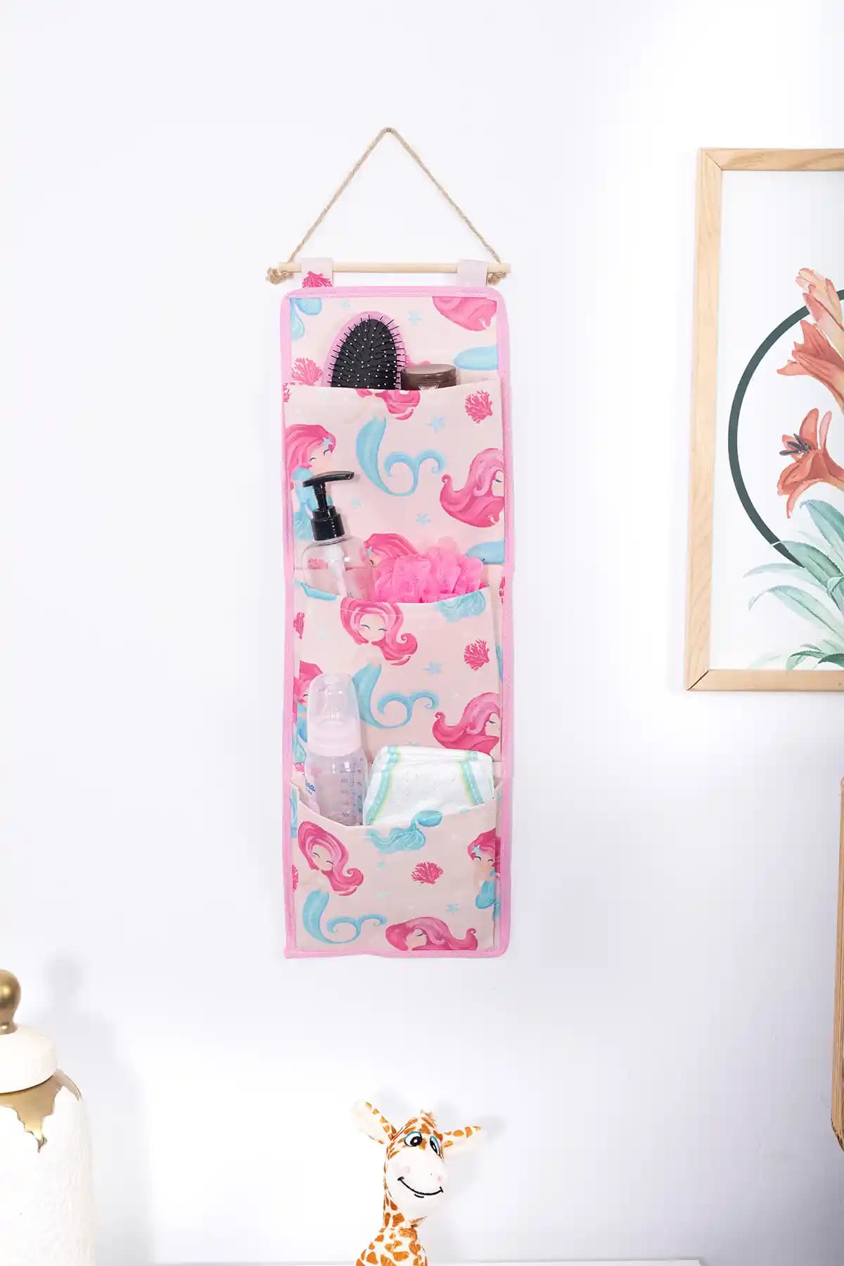 PH Prendi Home Deniz Kızı Baskılı 3 Cepli Çok Amaçlı Askılı Duvar Tipi Düzenleyici