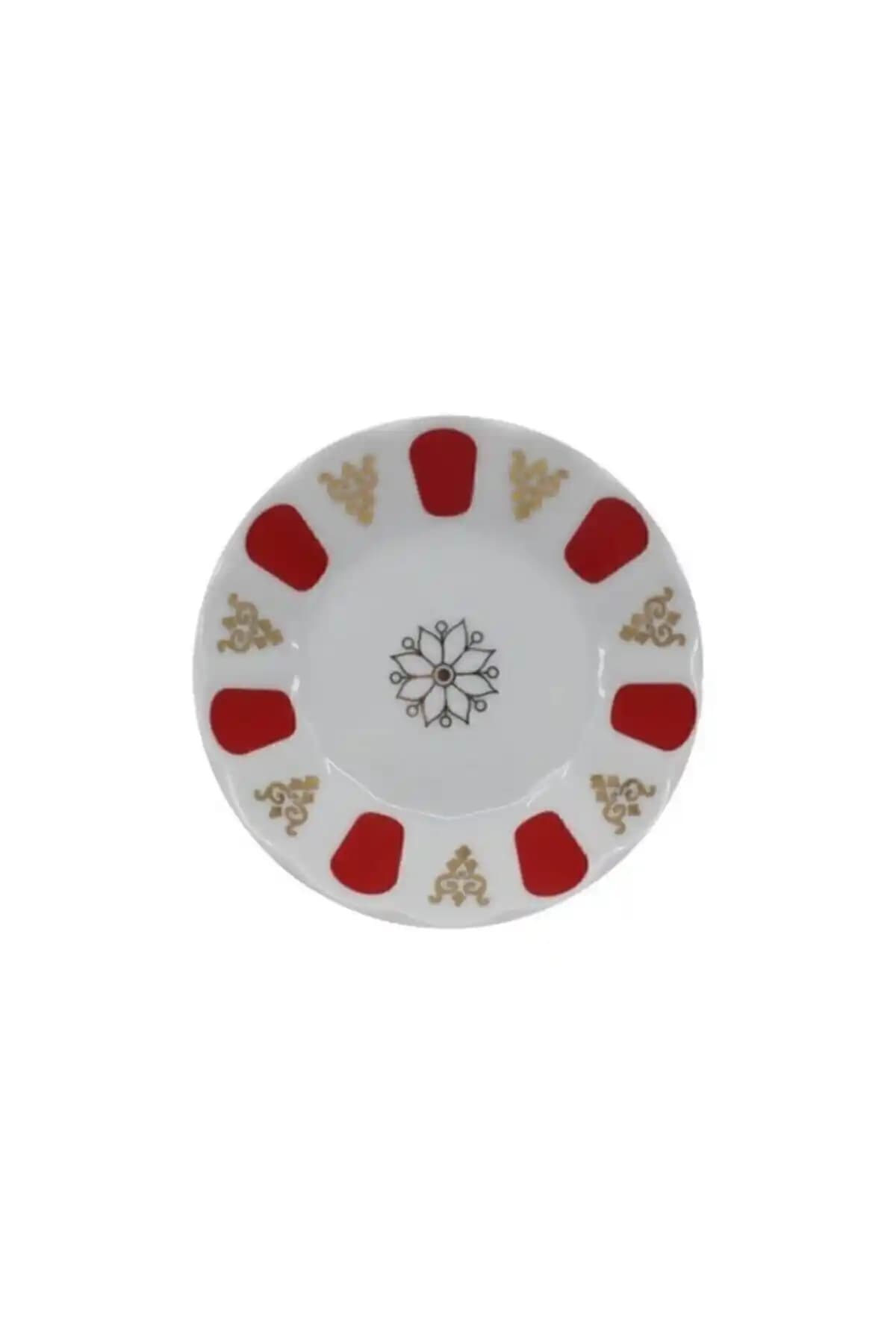 Porland Arow 6'lı Kırmızı Beyaz Porselen Çay Tabağı Seti Retro Kahveci Modeli