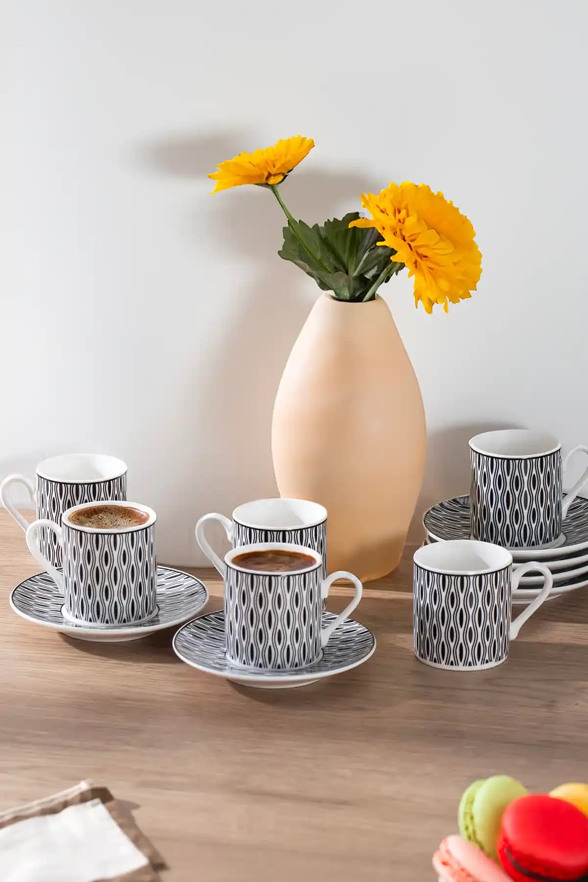 Porsima Yx-03 Aldon 6'lı 12 Parça Siyah Geometrik Desenli Türk Kahvesi Fincan Takımı