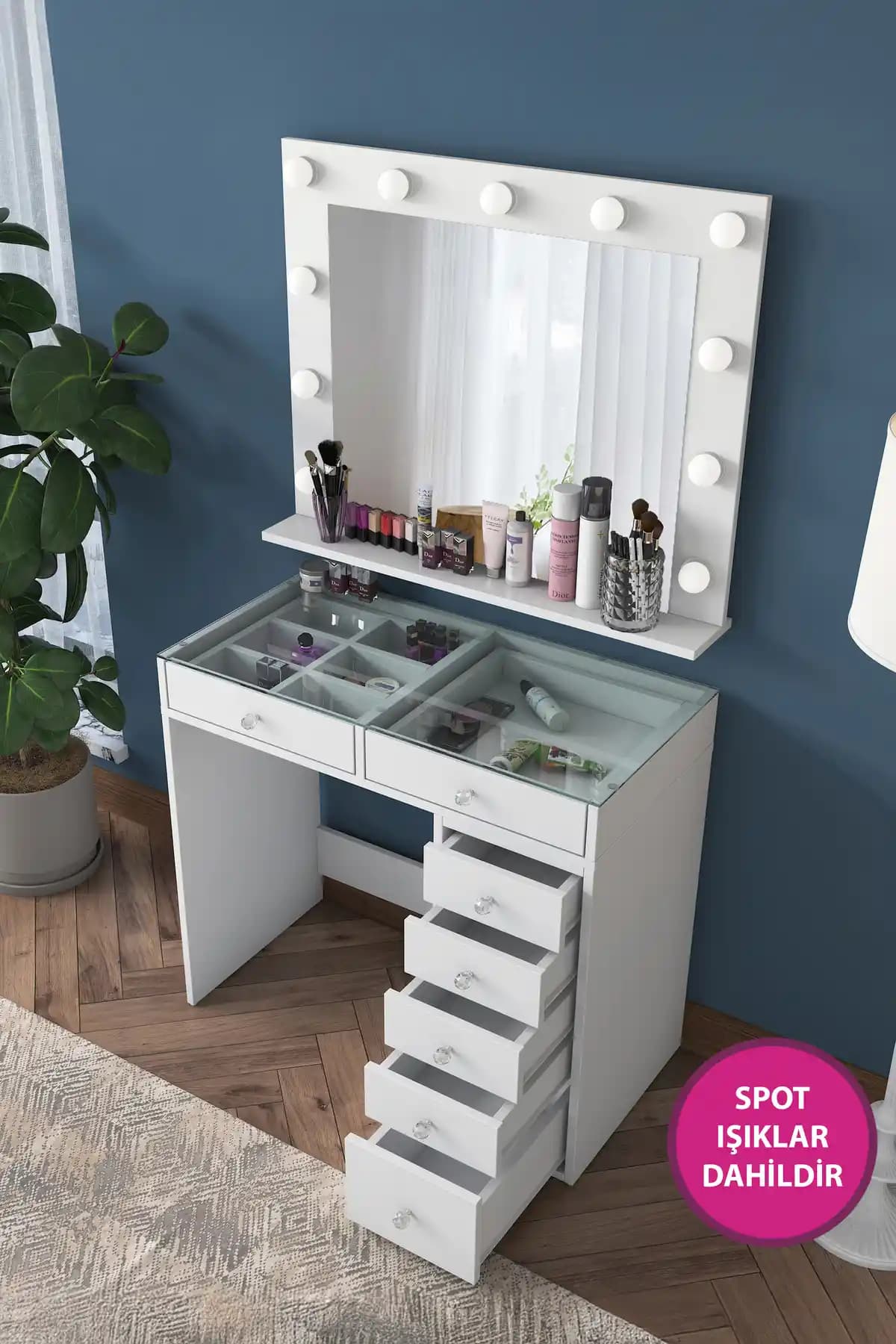 Rani Mobilya BJ117 Hollywood Işıklı Aynalı Kulis Makyaj Masası – Modern ve Fonksiyonel Tasarım