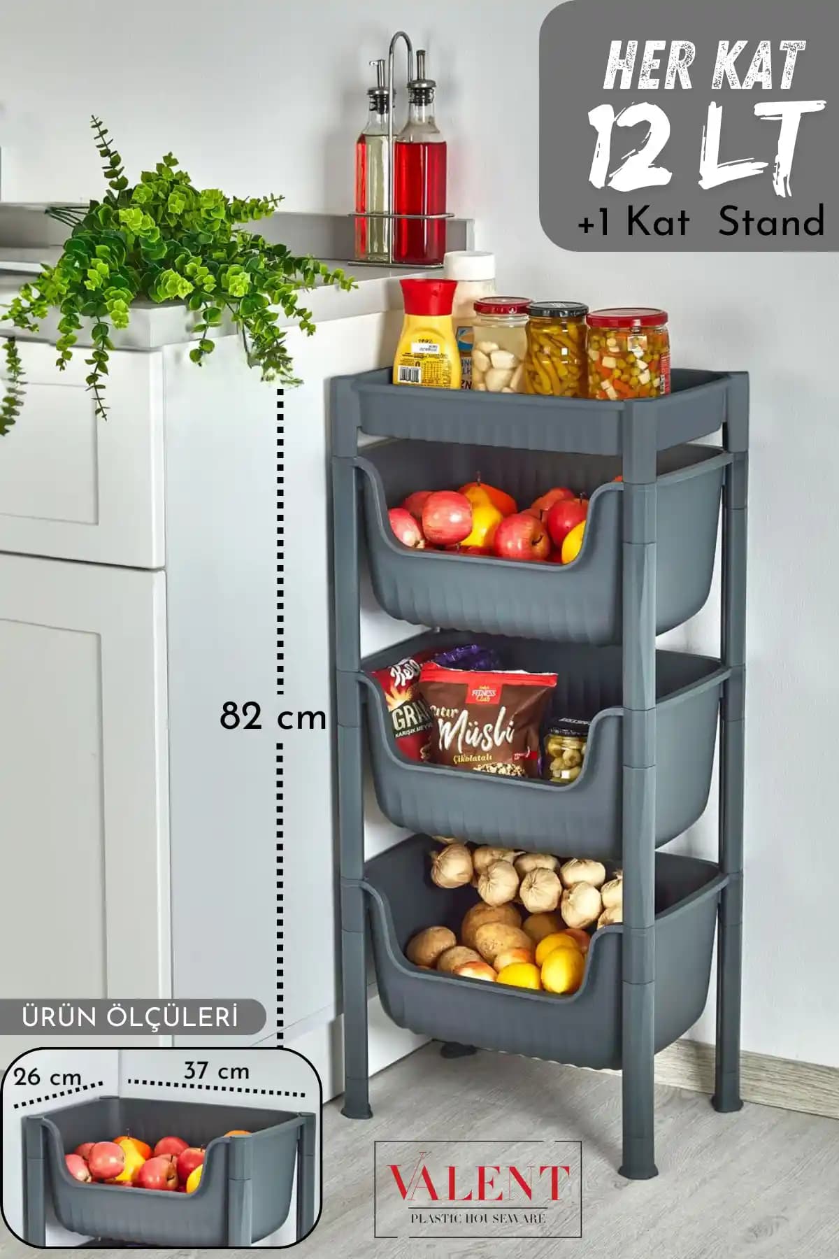 VALENT 3artı1 Katlı Neva Patates & Soğanlık: Çok Fonksiyonlu ve Estetik Depolama Çözümü
