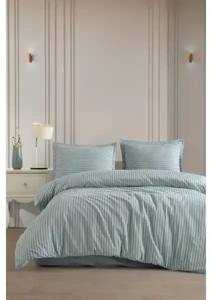 Varol Lastikli Saten Çizgili Çift Kişilik Nevresim Takımı Mint Renkli Konforlu Tasarım