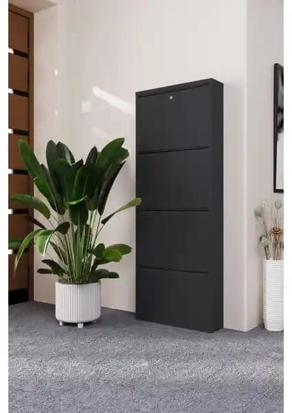 Wood House Hera Metal Kilitli Ayakkabılık 4 Kapaklı Antrasit Modern Tasarım