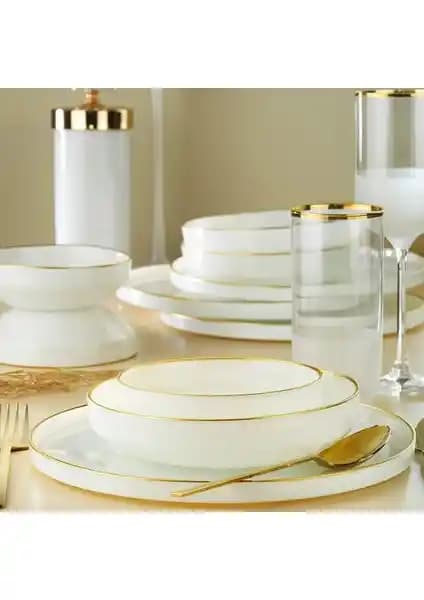 Fecra Circle Beyaz Gold Fileli Yemek Takımı 18 Parça Şık ve Dayanıklı Mutfak Seti
