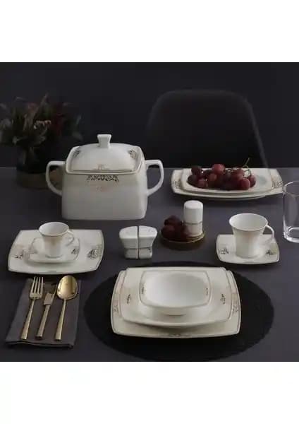 Güral 85 Parça Caroline Kare Bone Yemek Takımı Modern ve Şık Sofra Seti