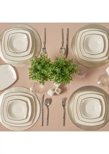 Karaca Bone Tanya Platin 60 Parça 12 Kişilik Porselen Yemek Takımı Modern Tasarım