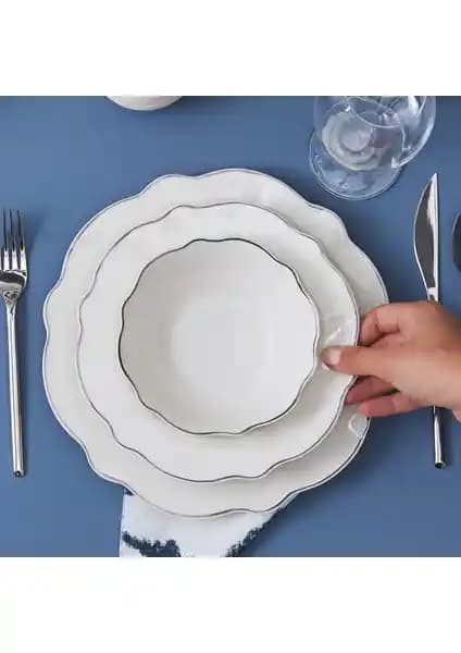 Karaca Daisy Platinum Wave Shape Kayık Tabaklı 27 Parça 6 Kişilik Porselen Yemek Takımı