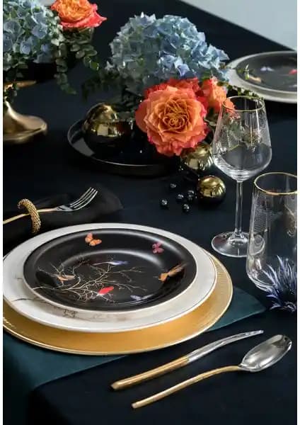 Karaca Fine Pearl Grace Black 62 Parça 12 Kişilik Inci Detaylı Porselen Yemek Takımı