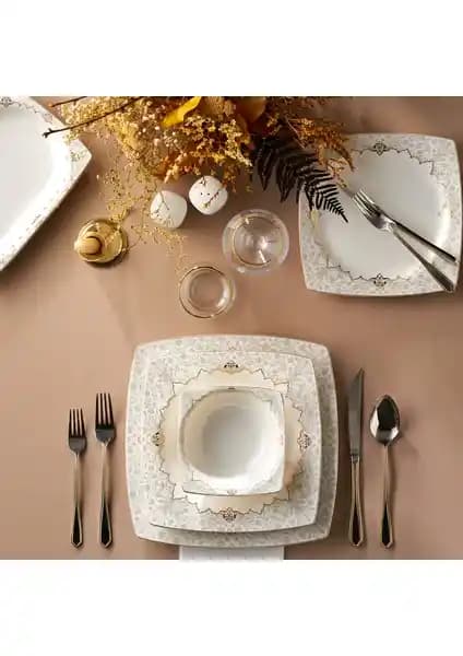 Karaca Mühür Fine Cream 60 Parça 12 Kişilik Porselen Yemek Takımı Gold Kare Modern Tasarım