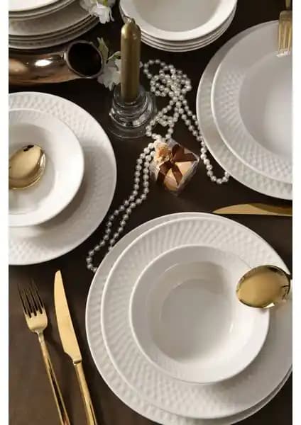 Kütahya Porselen Verona 18 Parça 6 Kişilik Bone Yemek Takımı Krem Renkli Şık ve Dayanıklı