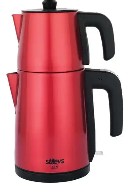 Stilevs Biçay Çelik Çay Makinesi İnox Vişne Renkli Modern Tasarım ve Güvenlik Özellikleri
