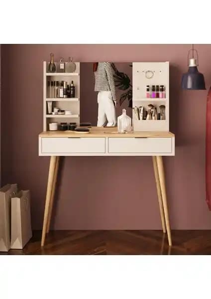 Bimossa A4060 Bella Doğal Ayaklı Aynalı Makyaj ve Takı Düzenleme Masası