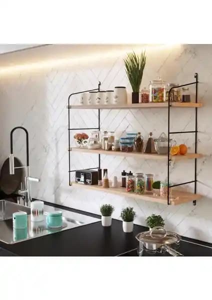 Bino Masif Doğal Ahşap Büyük Boy 3 Katlı Duvar Rafı - Dayanıklı ve Şık Tasarım