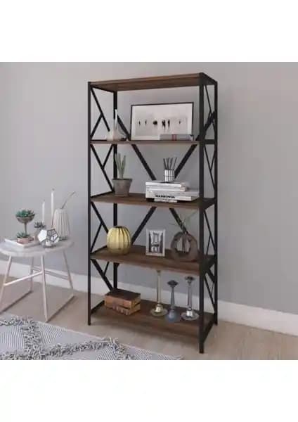 Çalışkan Home 5 Raflı Ceviz Renkli Metal Kitaplık - Modern ve Dayanıklı Depolama Çözümü