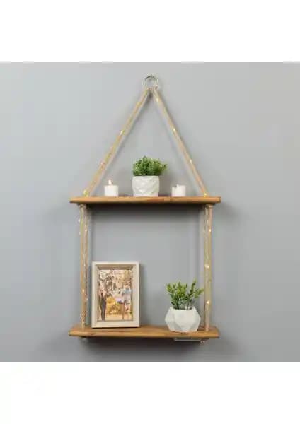 DecoLife Ahşap ve Jüt İpli Dekoratif Duvar Rafı Modern ve Rustik Tarzlara Uygun