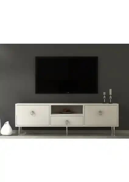 Demonte Dekor 2 Kapaklı Raflı Çekmeceli Modern Beyaz-Gümüş TV Ünitesi