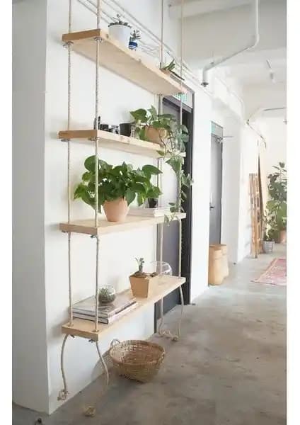 Karaköse Ahşap Dekoratif 4'lü Halatlı Duvar Rafı Modern ve Rustik Tarzlara Uygun