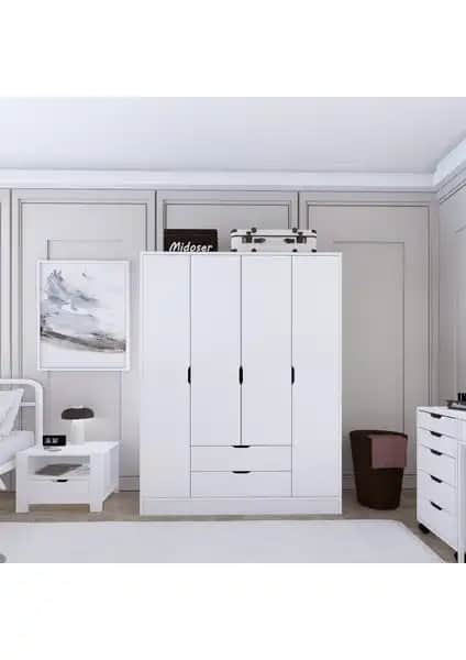 Midoser Mat Beyaz 4 Kapılı Gardırop Modern Tasarım ve Dayanıklı Malzemelerle