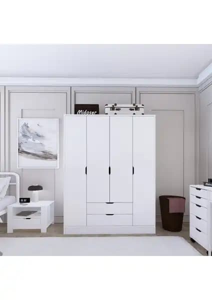 Midoser Mat Beyaz 4 Kapılı Gardırop Modern Tasarım ve Dayanıklı Malzemelerle