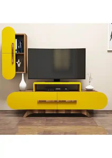 Modern ve Dayanıklı Ceviz ve Sarı Renkli Duvara Monte TV Ünitesi