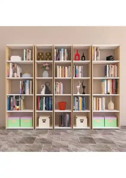 Nur Mobilya 5'li Arkalıksız Kitaplık Meşe ve Beyaz Renkli Modern Tasarım